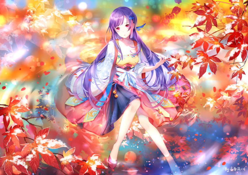 1girl autumn_leaves blue_skirt collarbone eyebrows_visible_through_hair floating_hair full_body hair_ornament head_tilt leaf long_hair looking_at_viewer maple_leaf medium_skirt purple_hair red_eyes shiny shiny_hair sitting skirt solo very_long_hair vocaloid xin_hua yu_jiu