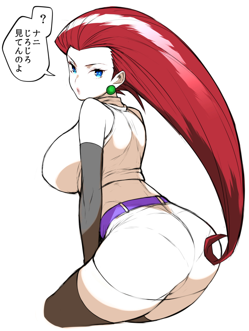 1girl ass belt black_gloves black_legwear blue_eyes breasts cowboy_shot creatures_(company) crop_top earrings elbow_gloves esouko game_freak gloves highres jewelry large_breasts lips long_hair looking_at_viewer midriff miniskirt musashi_(pokemon) nintendo pokemon pokemon_(anime) redhead simple_background skirt sleeveless solo team_rocket thigh-highs translated white_background