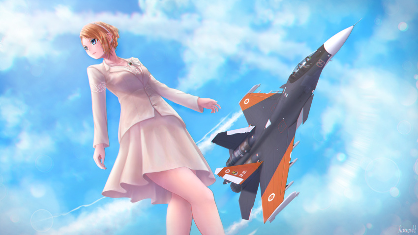 1girl ace_combat_7 aircraft airplane artist_request blonde_hair blue_eyes blue_sky braid canards clouds condensation_trail french_braid from_below highres kmrd-fanddi legs military princess rosa_cossette_d'elise skirt sky solo solo_focus su-30 white_skirt