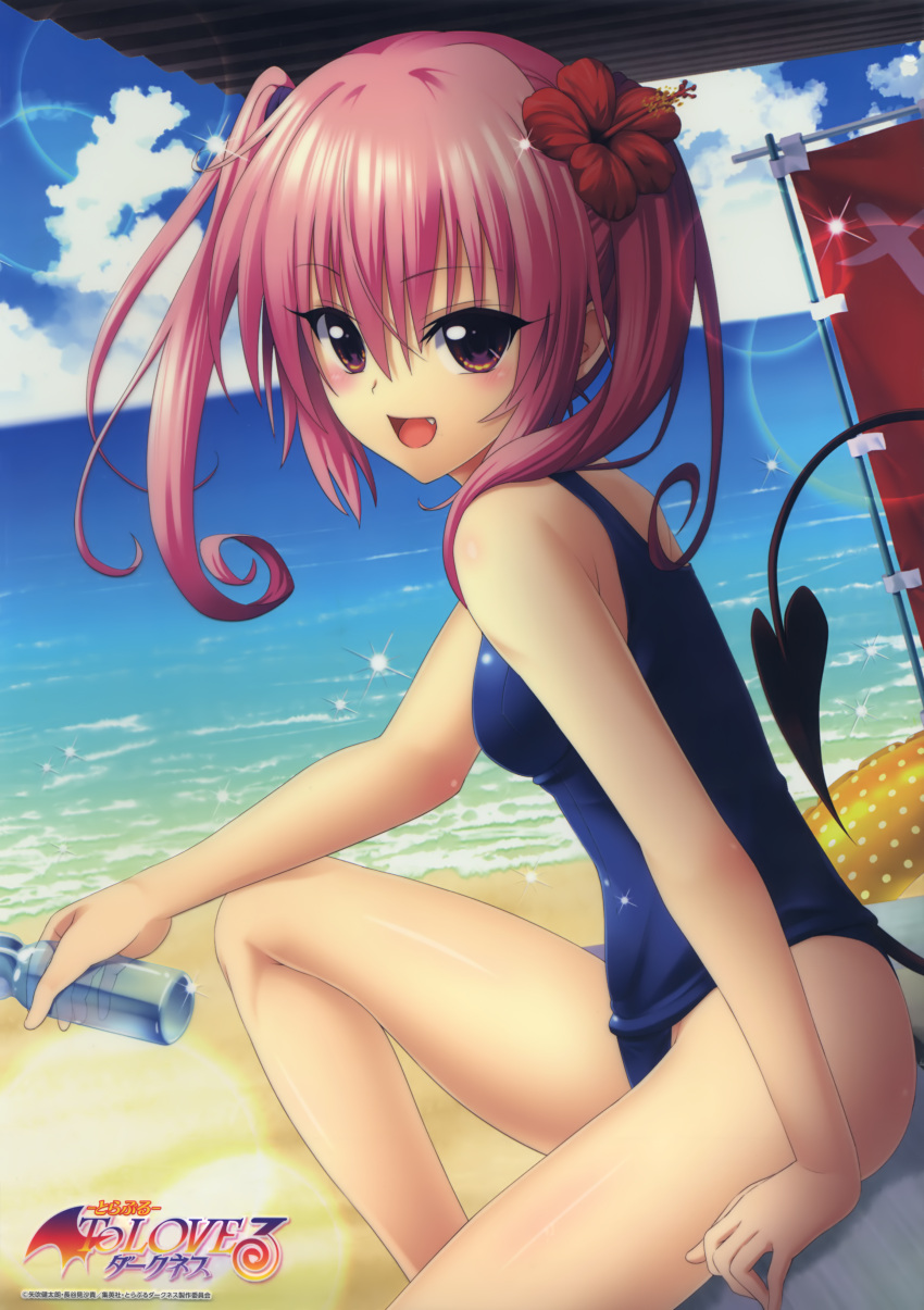 1girl :d absurdres arm_support beach blue_sky blue_swimsuit blush bottle brown_eyes clouds copyright_name day eyebrows_visible_through_hair fang flower hair_between_eyes hibiscus highres holding holding_bottle lens_flare long_hair looking_at_viewer nana_asta_deviluke ocean official_art open_mouth outdoors pink_hair ramune redhead school_swimsuit sitting sky smile solo swimsuit tail to_love-ru twintails yabuki_kentarou