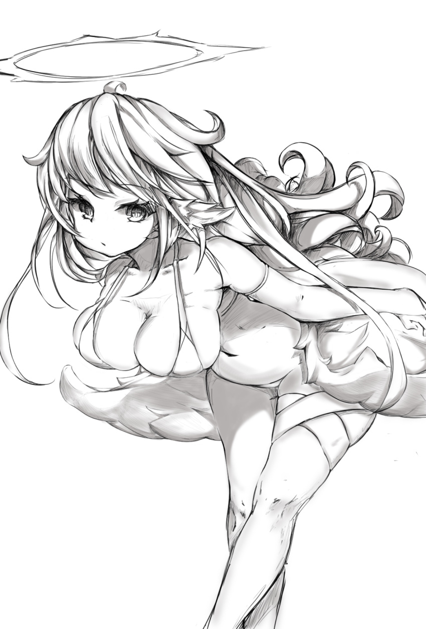 1girl artist_request bikini breasts bridal_gauntlets cleavage cross greyscale halo highres jibril_(no_game_no_life) large_breasts leaning_forward long_hair looking_at_viewer low_wings magic_circle monochrome navel no_game_no_life sketch solo swimsuit symbol-shaped_pupils very_long_hair wing_ears wings