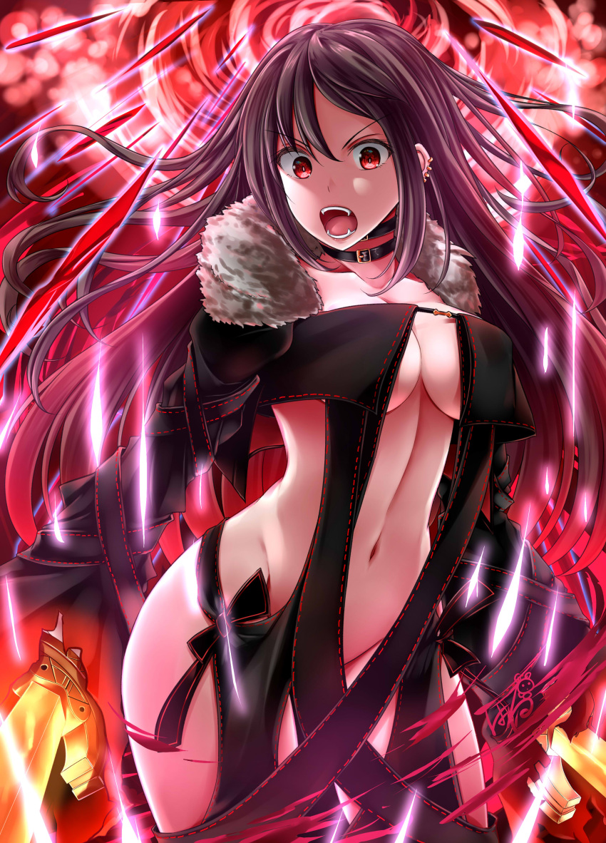 1girl absurdres ayakase_hotaru bangs black_hair breasts cleavage collar consort_yu_(fate) fangs fate/grand_order fate_(series) highres long_hair looking_at_viewer navel open_mouth red_eyes solo v-shaped_eyebrows