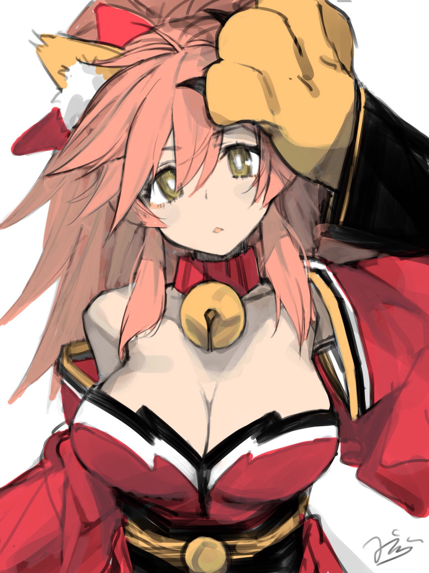 1girl animal_ear_fluff animal_ears bare_shoulders bell bell_collar breasts cat_paws cleavage collar collarbone detached_sleeves fate/extra fate/grand_order fate_(series) fox_ears fox_girl gloves hair_ribbon highres jingle_bell large_breasts onodera_(einsatz) open_mouth paw_gloves paws pink_hair red_ribbon ribbon simple_background solo tamamo_(fate)_(all) tamamo_cat_(fate) white_background yellow_eyes