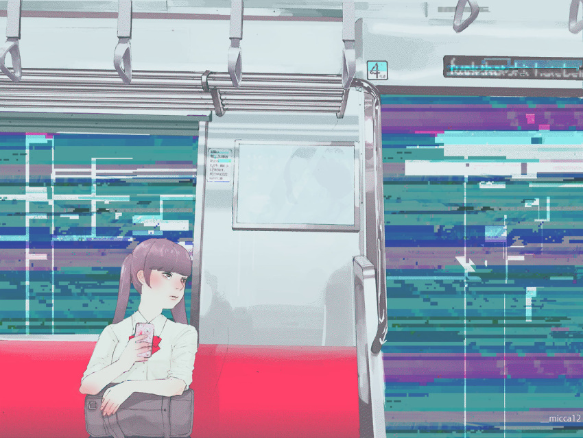 1girl artist_name bag collared_shirt long_sleeves looking_to_the_side mognemu on_bench original red_neckwear school_bag school_uniform shirt sitting sleeves_pushed_up solo train_interior twintails white_shirt wing_collar
