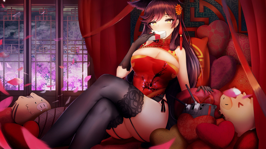 1girl animal_ears atago_(azur_lane) azur_lane bangs black_gloves black_hair black_legwear blush box breasts brown_eyes cannon china_dress chinese_clothes cleavage cleavage_cutout covered_mouth curtains dress extra_ears eyebrows_visible_through_hair flower garter_straps gift gloves hair_flower hair_ornament hair_ribbon heart-shaped_box highres holding holding_gift indoors lace lace-trimmed_legwear large_breasts legs_crossed long_hair looking_at_viewer mole mole_under_eye panties petals piukute062 red_dress ribbon side-tie_panties sitting skindentation solo swept_bangs thigh-highs turret underwear white_ribbon