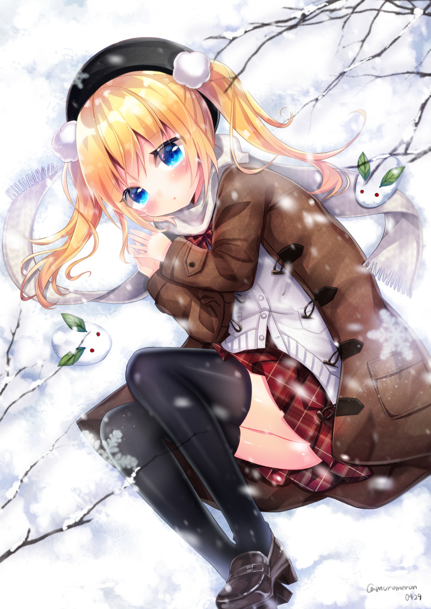 1girl :o absurdres bangs beret black_hat black_legwear blonde_hair blue_eyes blush brown_coat brown_footwear cardigan coat commentary_request duffel_coat eyebrows_visible_through_hair fringe_trim hair_ornament hands_up hat highres kohaku_muro loafers long_hair long_sleeves looking_at_viewer lying moe2019 on_side open_clothes open_coat original own_hands_together parted_lips plaid plaid_skirt pleated_skirt red_skirt scarf school_uniform shoes skirt snow snow_bunny snowing solo thigh-highs twintails twitter_username unmoving_pattern white_cardigan white_scarf