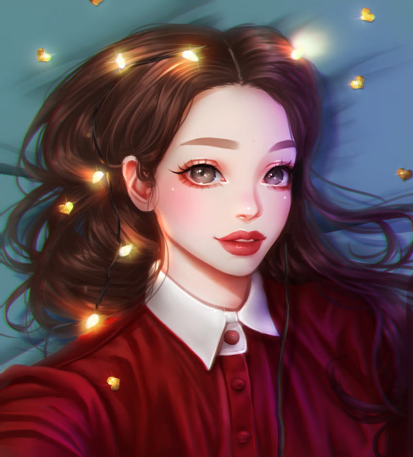 1girl black_eyes brown_hair buttons chromatic_aberration commentary_request eyelashes eyeshadow heart highres long_hair looking_at_viewer makeup original portrait red_shirt rena_illusion shirt solo