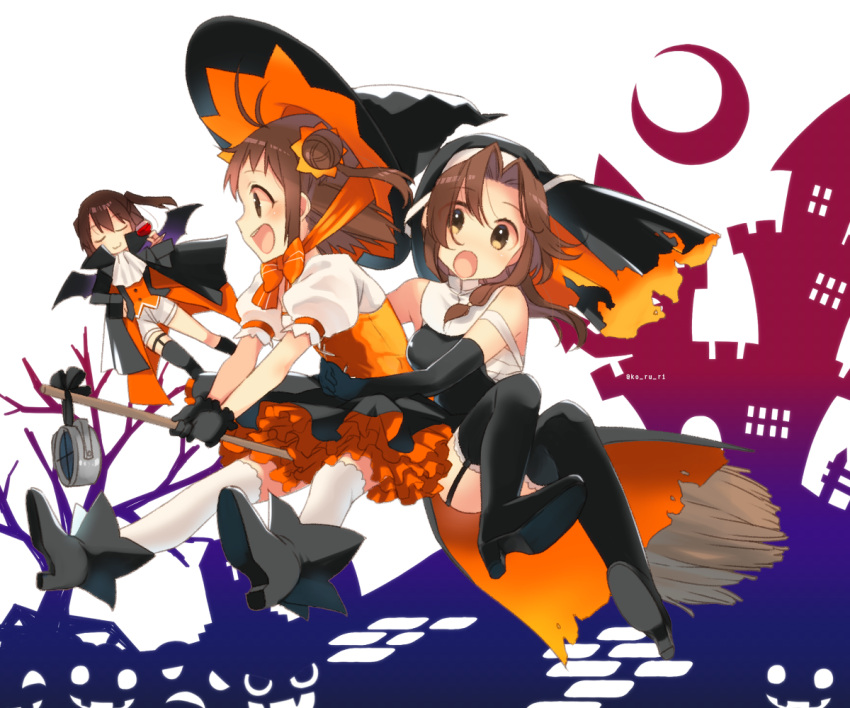 3girls alternate_costume bare_shoulders black_gloves black_legwear boots broom broom_riding brown_eyes brown_hair cape commentary crescent_moon double_bun dress elbow_gloves garter_straps gloves habit halloween halloween_costume hat high_heel_boots high_heels jintsuu_(kantai_collection) kantai_collection koruri moon multiple_girls naka_(kantai_collection) puffy_short_sleeves puffy_sleeves sarashi sendai_(kantai_collection) short_sleeves shorts silhouette single_thighhigh thigh-highs thigh_boots two_side_up vampire_costume white_legwear witch_hat