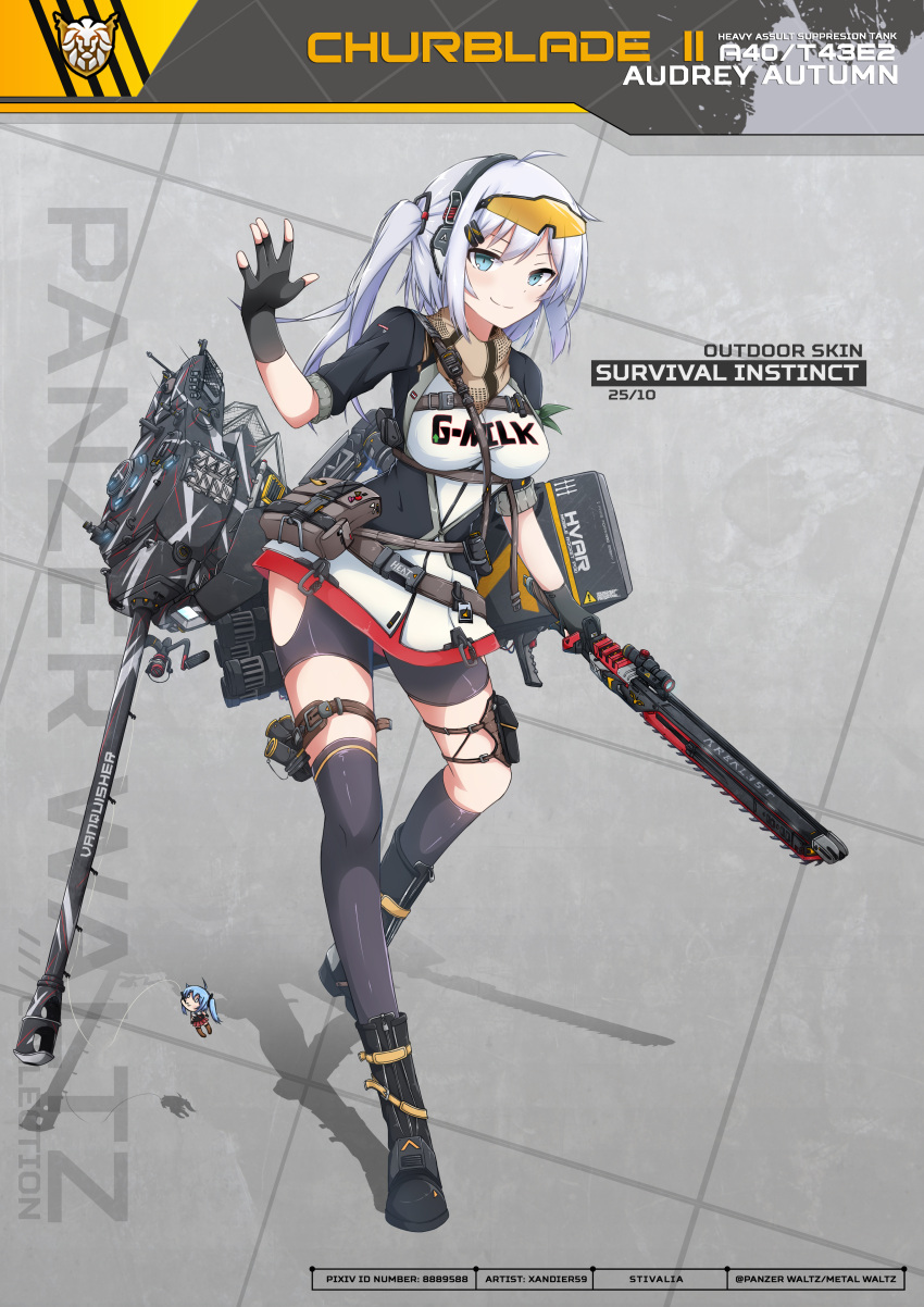 1girl absurdres ahoge antennae bangs belt black_footwear black_legwear blue_eyes boots churblade_ii_a40/t43e2 commentary english_commentary eyebrows_visible_through_hair fingerless_gloves gloves gun hair_ornament hairclip handgun highres holding holding_gun holding_weapon jacket knife leg_up long_hair machinery mecha_musume military military_jacket military_uniform panzer_waltz personification purple_hair rigging shirt solo_focus standing thigh-highs thigh_strap uniform vest weapon white_shirt wing_collar xandier59