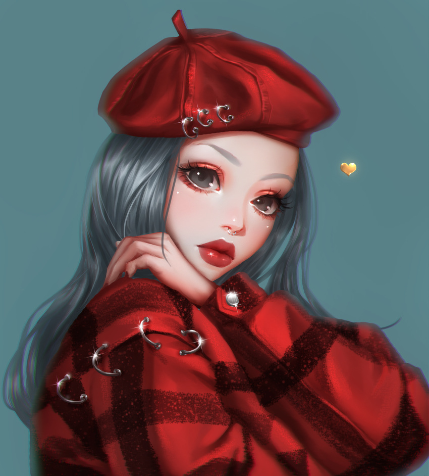 1girl beret black_eyes closed_mouth coat commentary_request earrings eyelashes eyeshadow grey_hair hand_on_shoulder hat highres jewelry lips long_hair long_sleeves makeup nose_piercing nose_ring original piercing portrait red_coat red_hat red_lips rena_illusion solo sparkle upper_body