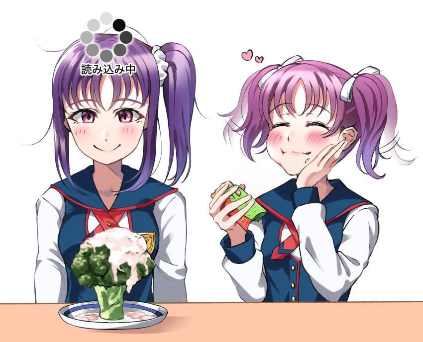 2girls absurdres bangs blush broccoli closed_eyes commentary_request eating eyebrows_visible_through_hair food forced_smile hair_ribbon heart highres kazuno_leah kazuno_sarah love_live! love_live!_sunshine!! mcdonald's multiple_girls pink_eyes plate product_placement purple_hair ribbon saint_snow school_uniform scrunchie shaka_(staito0515) siblings side_ponytail sidelocks sisters table translated twintails white_ribbon white_scrunchie