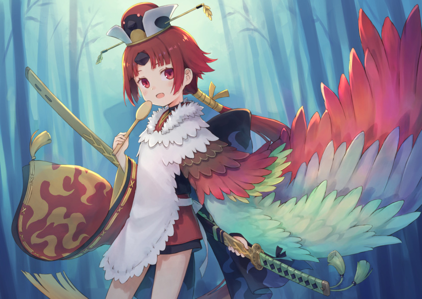 104 1girl :d backlighting bangs benienma_(fate/grand_order) blonde_hair blush commentary_request cowboy_shot day fate/grand_order fate_(series) feathered_wings feathers hat holding holding_spoon holding_sword holding_weapon japanese_clothes katana legs_apart long_hair long_sleeves looking_at_viewer multicolored_hair open_mouth parted_bangs red_eyes redhead sheath sheathed sidelocks smile solo spoon standing sword thighs two-tone_hair very_long_hair weapon wide_sleeves wings