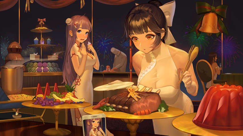 1boy 3girls azur_lane bangs bare_shoulders bell black_hair blue_eyes blunt_bangs blush breasts brown_hair buffet cake cellphone champagne_flute chef chef_hat chef_uniform china_dress chinese_clothes cleavage commentary cookie cup cupcake damiaodi double_bun dress drinking_glass evening_gown eyebrows_visible_through_hair food food_on_face fruit gelatin gloves hair_ribbon hat highres jewelry macaron meat multiple_girls octopus open_mouth phone plate ponytail purple_hair ribbon ring see-through side_slit smartphone south_dakota_(azur_lane) takao_(azur_lane) thigh-highs tongs unicorn_(azur_lane) wedding_band white_dress white_gloves yellow_eyes