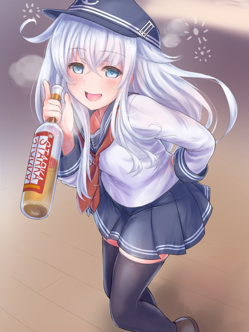 1girl alcohol anchor_symbol black_legwear black_skirt blue_eyes blue_sailor_collar blue_skirt bottle drunk em_s flat_cap hair_between_eyes hat hibiki_(kantai_collection) highres holding holding_bottle kantai_collection long_hair long_sleeves neckerchief open_mouth pleated_skirt red_neckwear sailor_collar school_uniform serafuku silver_hair skirt solo thigh-highs