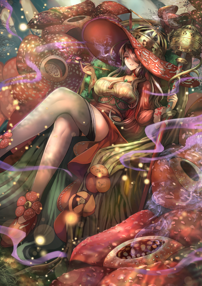 1girl bangs breasts brown_hair copyright_request dress flower green_hair grey_legwear hair_over_one_eye hat highres holding holding_pipe holding_staff large_breasts legs_crossed light_particles long_hair looking_at_viewer mole mole_under_eye multicolored_hair nature ohako_(ohako1818) pipe plant rafflesia_(flower) raflesia_arnoldi red_eyes red_footwear roots shoes shrug_(clothing) sidelocks smile smoke solo staff thigh-highs very_long_hair