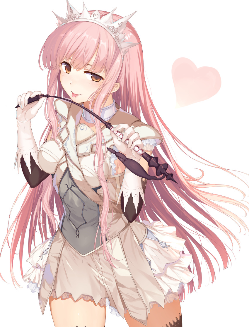 1girl :p absurdres abusoru brown_eyes choker cowboy_shot elbow_gloves fate/grand_order fate_(series) gloves heart highres holding holding_weapon long_hair looking_at_viewer medb_(fate)_(all) medb_(fate/grand_order) pink_hair riding_crop simple_background skirt smile solo tiara tongue tongue_out weapon white_background white_gloves white_neckwear white_skirt