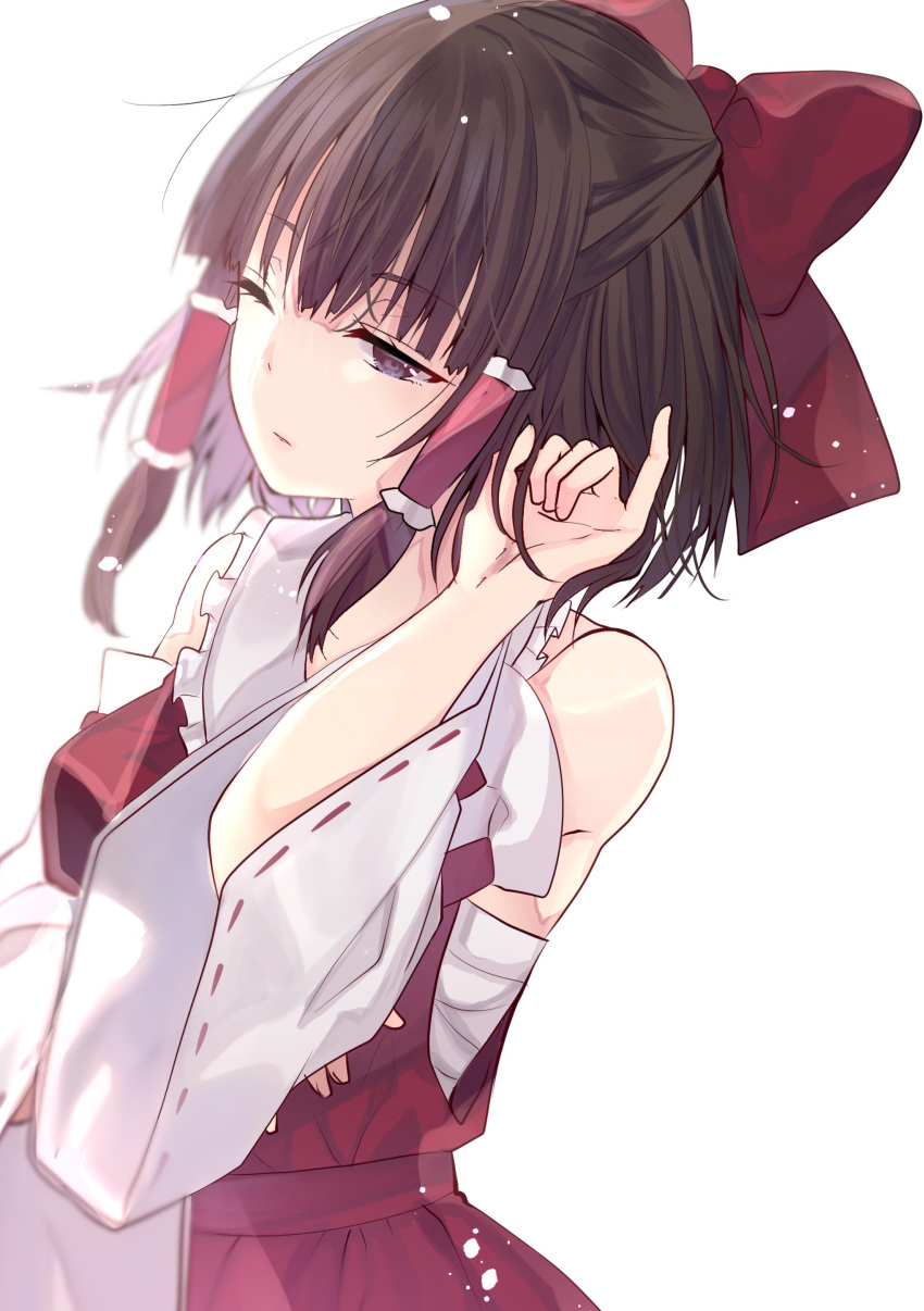 1girl absurdres bangs bare_shoulders black_hair bow breasts commentary_request cowboy_shot detached_sleeves eyebrows_visible_through_hair frilled_shirt_collar frills grey_eyes hair_bow hair_tubes hakurei_reimu half-closed_eyes hand_up highres long_sleeves medium_breasts mimoto_(aszxdfcv) one_eye_closed pinky_out red_bow red_skirt ribbon-trimmed_sleeves ribbon_trim sarashi short_hair sidelocks simple_background skirt skirt_set solo touhou white_background wide_sleeves