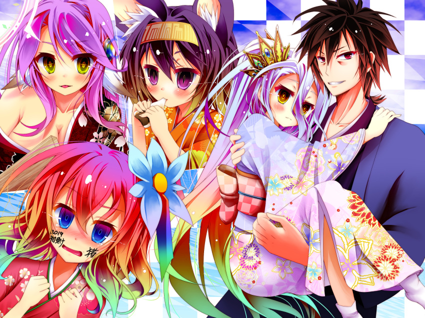 1boy 4girls animal_ear_fluff animal_ears blue_eyes blue_hair blush breasts brown_hair cleavage closed_mouth commentary_request cross crown eating flower fox_ears gradient_hair grin hair_between_eyes hair_flower hair_ornament hairband halo hatsuse_izuna highres japanese_clothes jibril_(no_game_no_life) kimono large_breasts long_hair looking_at_viewer magic_circle messy_hair mimi0846 multicolored_hair multiple_girls no_game_no_life open_mouth pink_hair purple_hair red_eyes redhead shiro_(no_game_no_life) short_hair slit_pupils smile sora_(no_game_no_life) spiky_hair stephanie_dora symbol-shaped_pupils very_long_hair violet_eyes wing_ears yellow_eyes