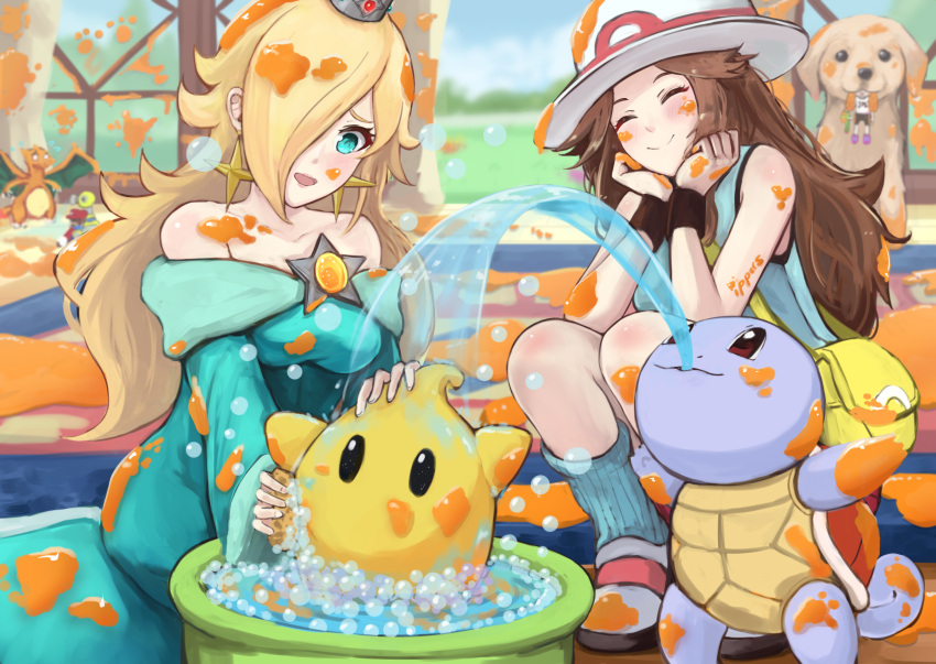 1boy 3girls :3 :d ^_^ aqua_eyes bag bare_shoulders bathtub black_eyes blonde_hair blue_(pokemon) blue_dress blush breasts brown_hair carpet charizard chiko_(mario) closed_eyes closed_eyes closed_mouth collarbone commentary creatures_(company) crown day dress earrings eating f.l.u.d.d. flying_sweatdrops game_freak gen_1_pokemon hair_over_one_eye handbag hands_on_own_cheeks hands_on_own_face hat highres indoors ink inkling ippers jewelry leg_warmers long_hair long_sleeves super_mario_bros. medium_breasts multiple_girls nintendo nintendogs off-shoulder_dress off_shoulder open_mouth outstretched_arms pokemon pokemon_(creature) pokemon_(game) pokemon_frlg red_eyes rosetta_(mario) shoes shoulder_bag sitting smile soap splatoon_(series) sponge squatting squirtle star sun_hat super_mario_galaxy super_mario_sunshine super_smash_bros. super_smash_bros._ultimate sweat sweatband symbol_commentary tank_top washing when_you_see_it white_footwear white_hat