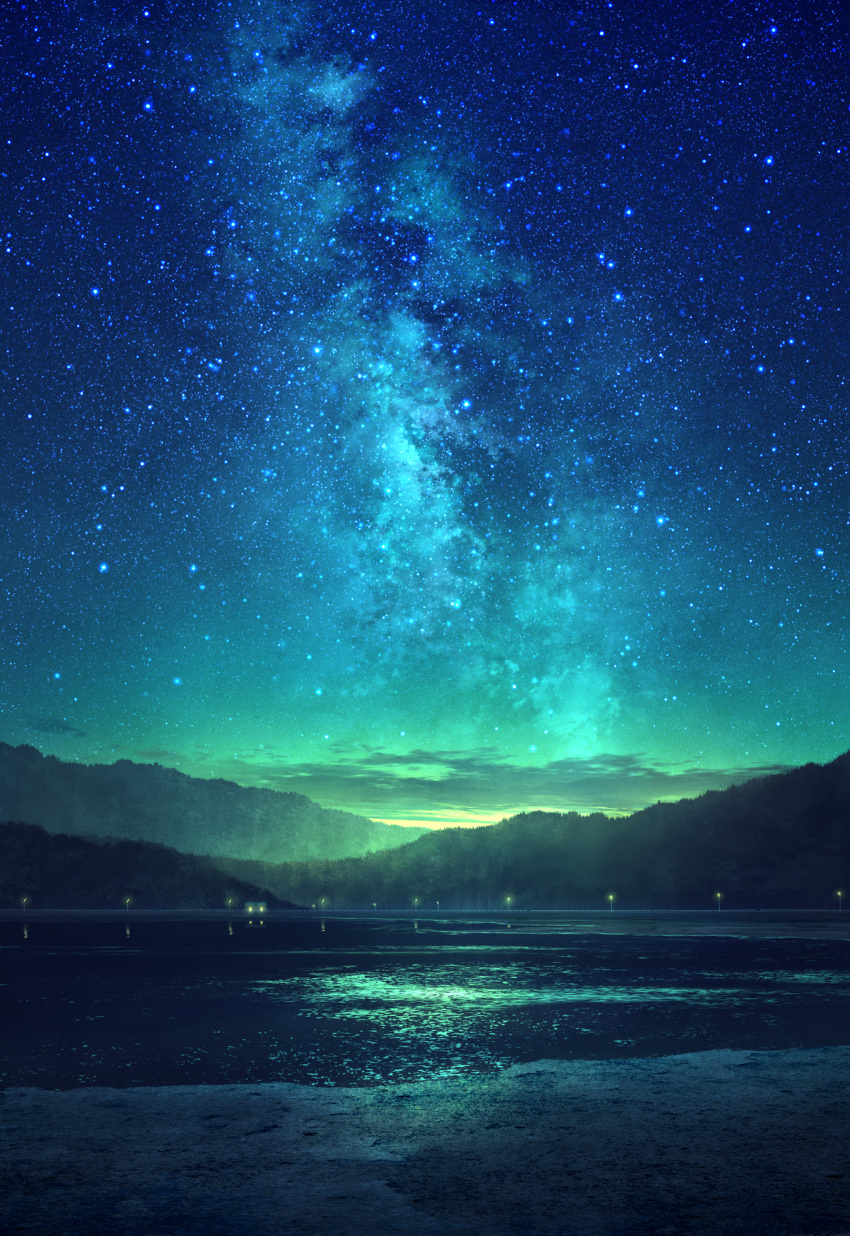 blue building clouds gradient_sky highres lake lamppost milky_way mks mountain night night_sky no_humans original outdoors reflection scenery sky star_(sky) starry_sky water