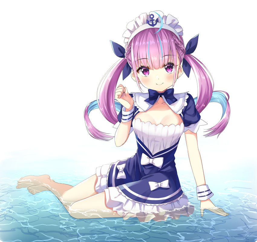 1girl absurdres ahoge anchor armband bangs barefoot blue_dress blue_hair blue_ribbon bow breasts closed_mouth commentary_request dress eyebrows_visible_through_hair hair_between_eyes hair_ribbon hand_up highres hololive maid_headdress minato_aqua multicolored_hair pink_hair puffy_short_sleeves puffy_sleeves rariemonn ribbon shallow_water short_sleeves small_breasts smile solo streaked_hair toenails twintails two-tone_hair violet_eyes virtual_youtuber water white_background white_bow