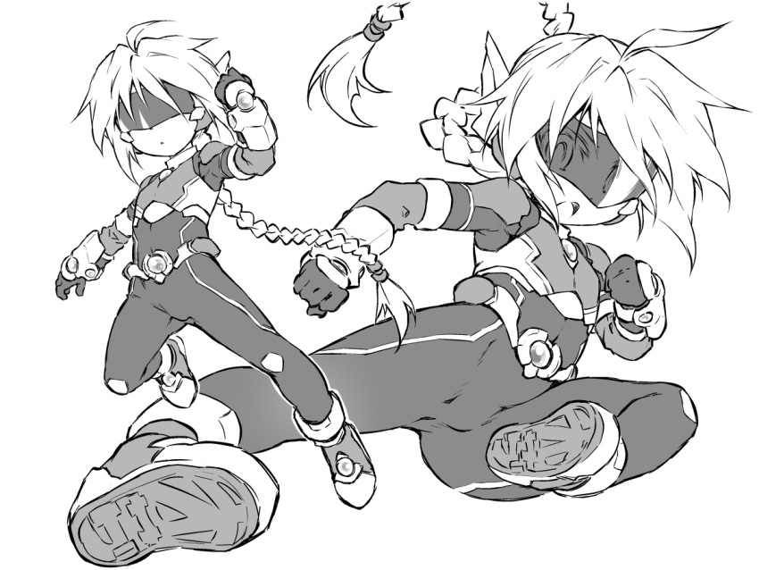 1girl arm_up bodysuit boots braid clenched_hands commentary_request flying_kick gloves jumping kicking long_hair monochrome open_mouth original ponytail simple_background sketch solo tomoshibi_hidekazu very_long_hair visor white_background