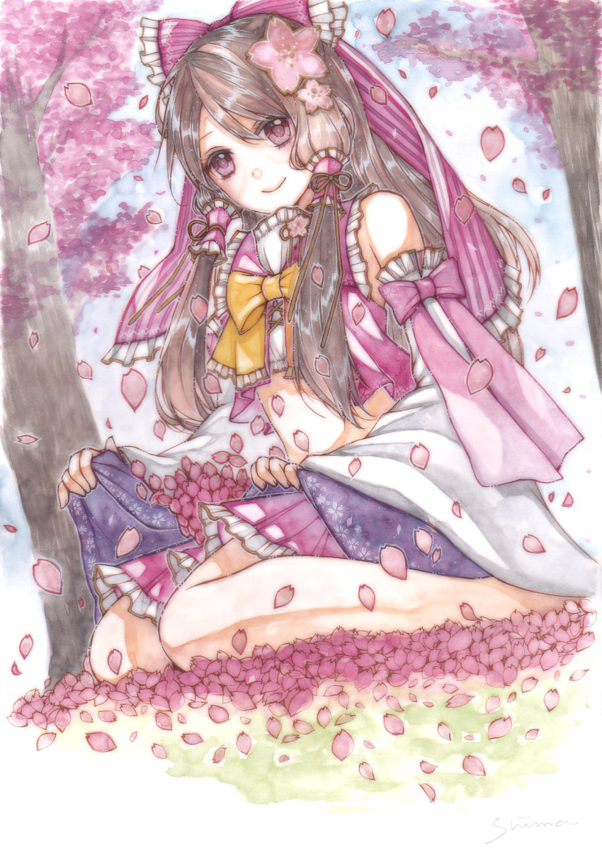 1girl barefoot blue_sky bow brown_hair cherry_blossoms day detached_sleeves floral_print flower hair_bow hair_flower hair_ornament hair_tubes hakurei_reimu highres inugami_shima kneeling long_hair looking_at_viewer midriff outdoors pink_bow pink_eyes pink_flower pink_skirt sidelocks skirt skirt_basket sky smile solo touhou traditional_media tree watercolor_(medium) yellow_bow