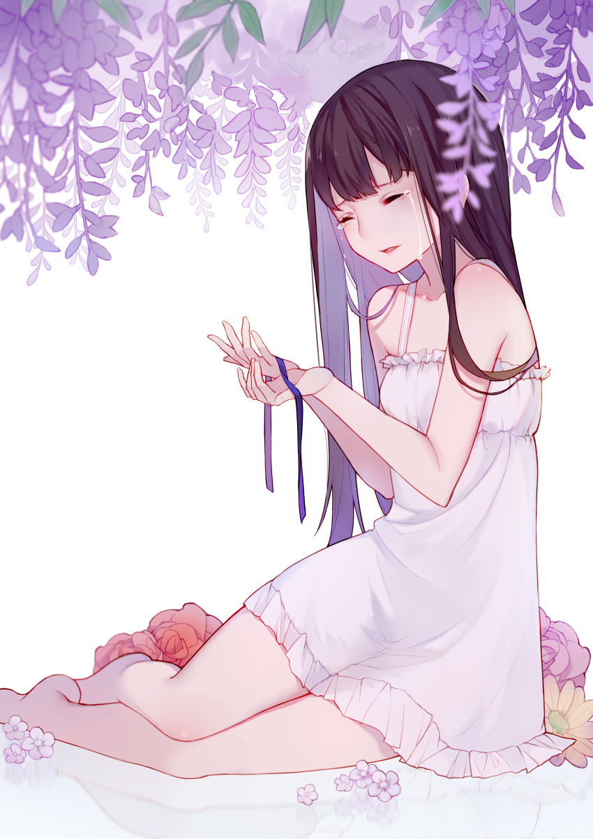 1girl absurdres black_hair blue_ribbon closed_eyes commentary_request crying dress flower highres holding holding_ribbon original purple_flower red_flower reflection ribbon simple_background sitting slyvia solo streaming_tears sundress tears white_background white_dress wisteria yellow_flower