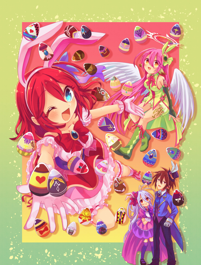 1boy 3girls :d angel_wings animal_ears bare_shoulders black_pants blue_eyes blue_hair blush boots bow bowtie breasts bridal_gauntlets brown_eyes brown_hair choker dress easter_egg egg fake_animal_ears feathered_wings flower gloves gradient_eyes green_dress hair_flower hair_ornament halo happy hat highres jibril_(no_game_no_life) long_hair looking_at_viewer low_wings magic_circle medium_breasts messy_hair multicolored multicolored_eyes multiple_girls no_game_no_life one_eye_closed open_mouth orange_eyes pants pink_bow pink_hair purple_dress rabbit_ears red_choker red_eyes redhead shiro_(no_game_no_life) short_hair sideboob smile sora_(no_game_no_life) stephanie_dora tattoo thigh-highs very_long_hair white_wings wing_ears wings yellow_eyes yuiti43