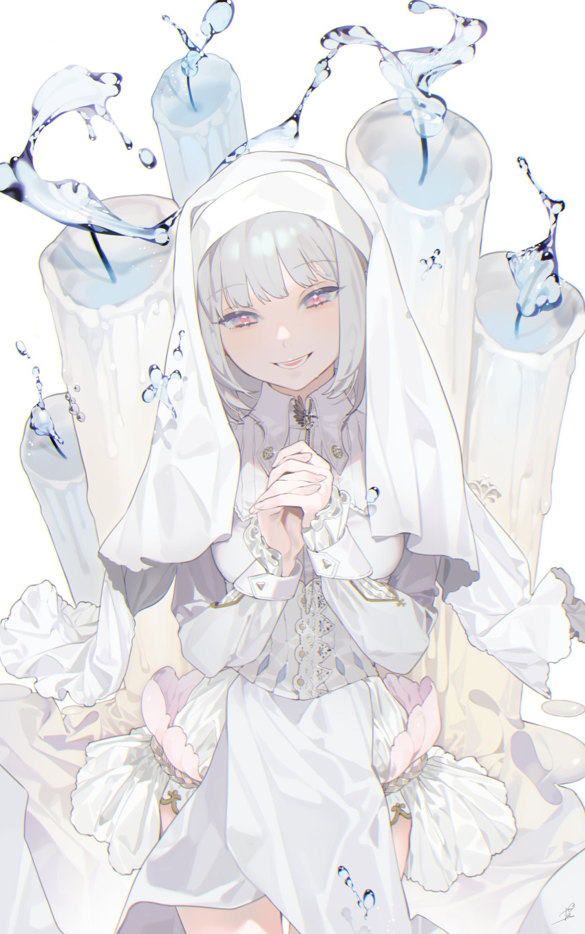 1girl absurdres bangs candle cowboy_shot eyebrows_visible_through_hair grey_hair habit hands_clasped highres long_sleeves looking_at_viewer nun ohisashiburi open_mouth original own_hands_together solo teeth water white_background