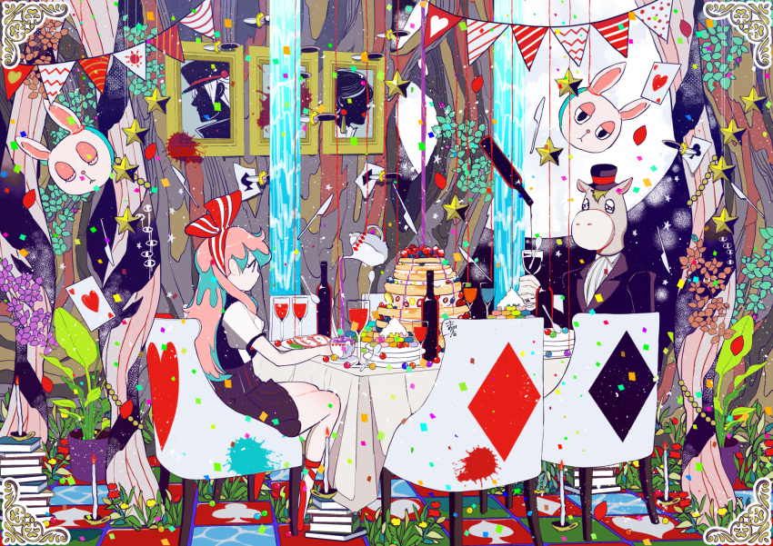 1girl ace_of_hearts animal_head aqua_hair black_hat book candle card chair club_(shape) diamond_(shape) floating floating_object food hat hat_ribbon heart highres knife leaf liquid long_hair magatan multicolored_hair original pink_hair plant playing_card potted_plant profile rabbit red_footwear red_ribbon ribbon short_sleeves spade_(shape) spoon star tablecloth teapot two-tone_hair