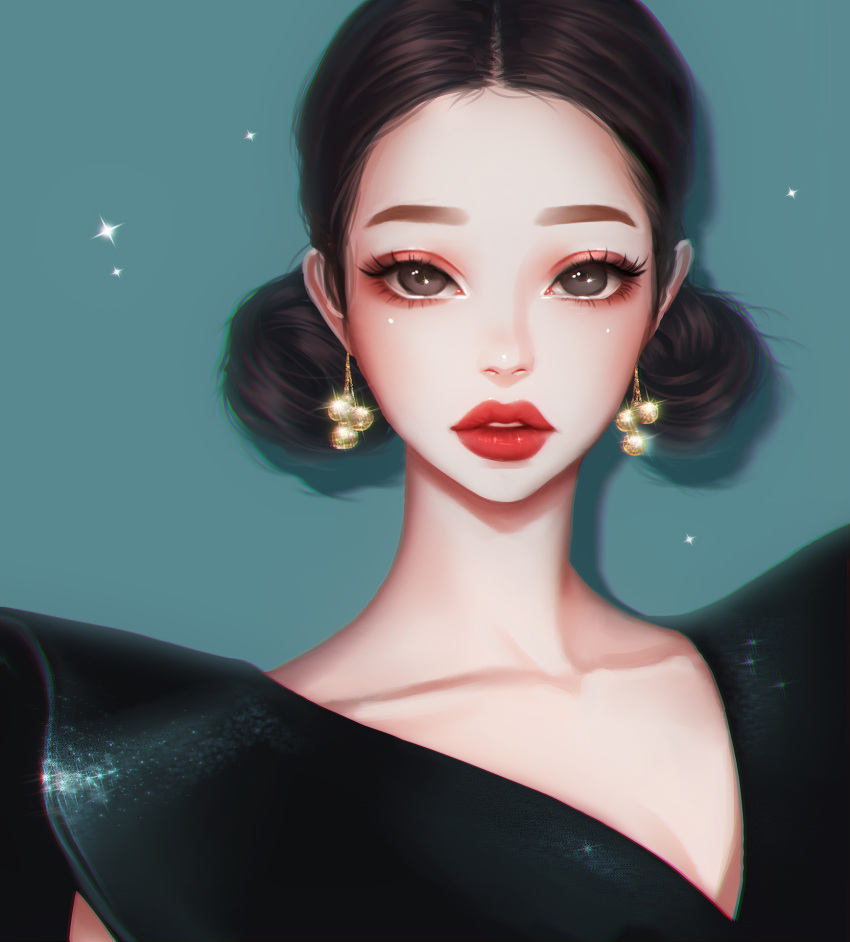 1girl black_dress black_eyes black_hair commentary_request dress earrings eyelashes highres jewelry lips looking_at_viewer original parted_lips portrait red_lips rena_illusion short_hair solo sparkle