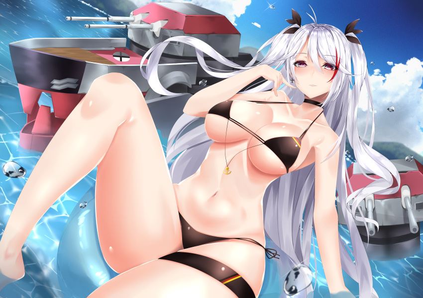 1girl absurdres antenna_hair azur_lane bangs bikini black_bikini black_choker blue_innertube blue_sky blush breasts cannon choker clouds eyebrows_visible_through_hair flag_print german_flag_bikini groin hair_between_eyes highres huge_filesize knee_up large_breasts long_hair looking_at_viewer multicolored_hair navel ocean outdoors prinz_eugen_(azur_lane) prinz_eugen_(unfading_smile)_(azur_lane) redhead ribbon rigging side-tie_bikini silver_hair sky smile solo stomach streaked_hair surota swimsuit thigh_strap turret two_side_up very_long_hair