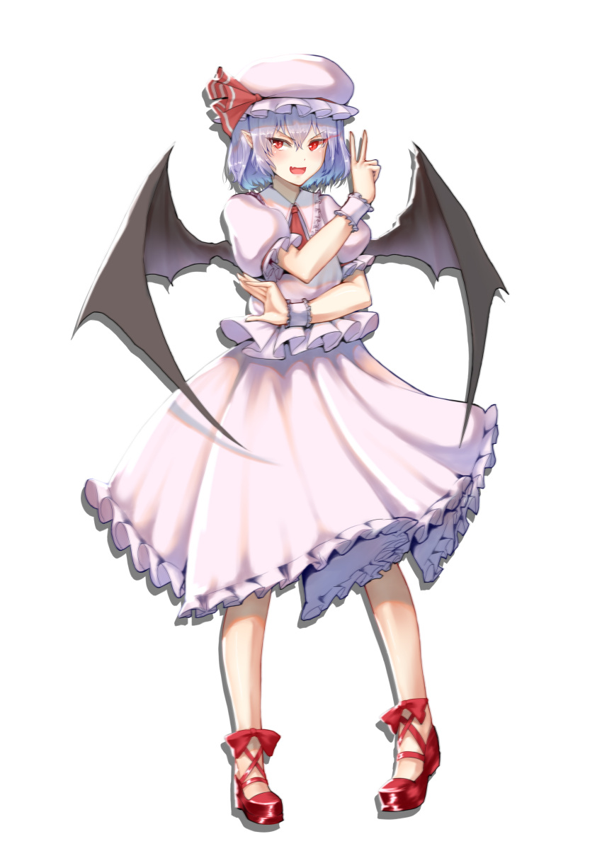 1girl :d absurdres bangs bat_wings blue_hair blush c.rabbit chinese_commentary commentary_request cross-laced_footwear dress eyebrows_visible_through_hair fang frilled_shirt_collar frills full_body hair_between_eyes hand_up hat hat_ribbon highres looking_at_viewer mob_cap open_mouth petticoat pink_dress pink_hat pointy_ears puffy_short_sleeves puffy_sleeves red_eyes red_footwear red_ribbon remilia_scarlet ribbon shoes short_hair short_sleeves silhouette simple_background smile solo standing touhou v v-shaped_eyebrows white_background wings wrist_cuffs