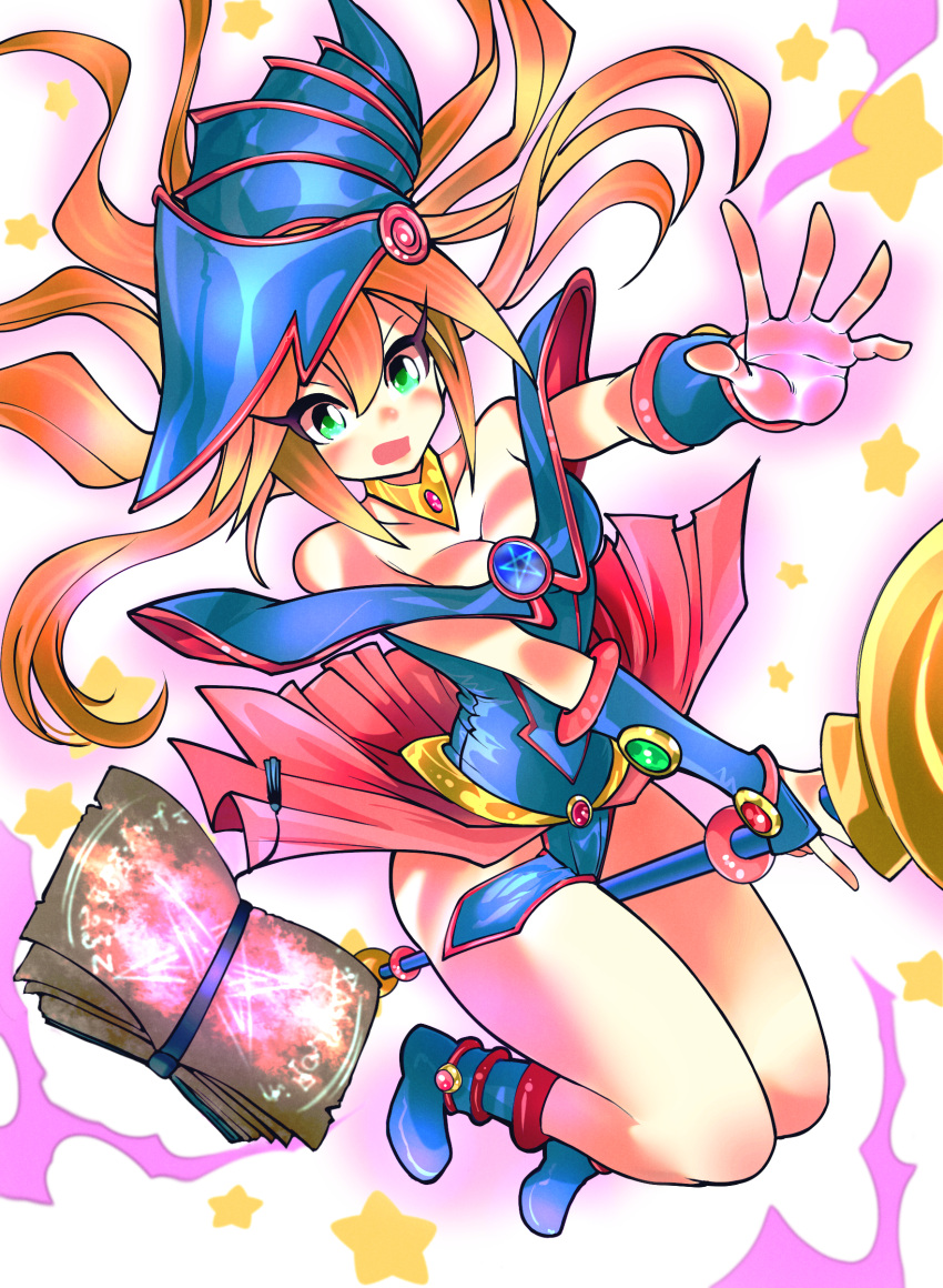 1girl absurdres bare_shoulders blonde_hair blue_footwear blush_stickers book boots breasts choker cleavage dark_magician_girl duel_monster green_eyes hat hexagram highres long_hair pentacle pentagram solo solo07450075 staff thighs wand wizard_hat yu-gi-oh! yuu-gi-ou yuu-gi-ou_duel_monsters