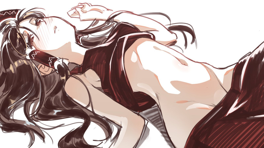 1girl asutora bare_arms bare_shoulders black_hair blush bow breasts brown_eyes commentary_request groin hair_between_eyes hair_bow hair_tubes hakurei_reimu hand_up highres long_hair looking_at_viewer lying medium_breasts navel nose_blush on_back parted_lips red_bow red_skirt shadow sidelocks simple_background sketch skirt skirt_set solo stomach touhou white_background