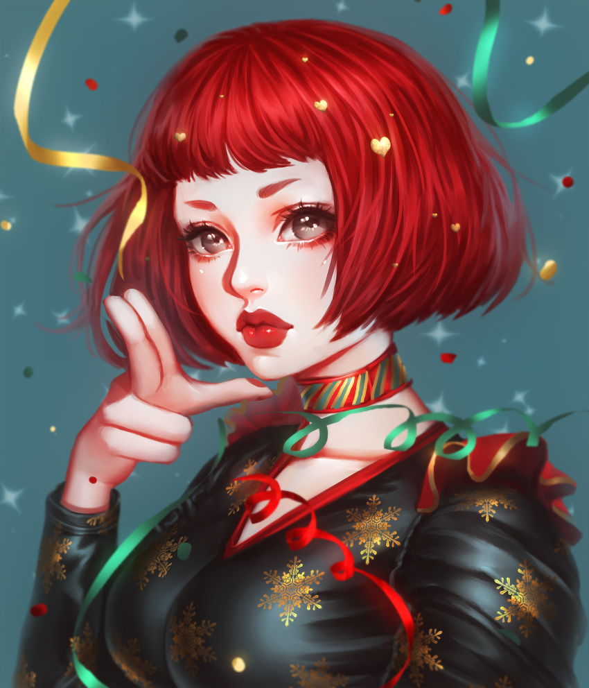 1girl black_eyes bob_cut breasts choker christmas closed_mouth commentary_request finger_gun green_ribbon heart highres looking_at_viewer medium_breasts original portrait red_lips red_ribbon redhead rena_illusion ribbon solo striped_choker yellow_ribbon