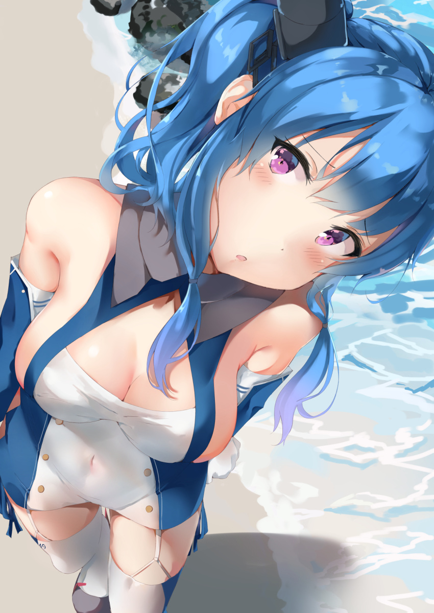 1girl argyle_cutout arms_at_sides azur_lane bangs bare_shoulders blue_dress blue_gloves blue_hair blue_legwear blush breasts cleavage cleavage_cutout commentary covered_navel dress elbow_gloves eyebrows_visible_through_hair foreshortening from_above garter_straps gloves hair_ornament hair_over_shoulder head_tilt highres long_hair looking_at_viewer medium_breasts open_mouth ponyaru rock sand shadow shore side_ponytail sideboob sidelocks solo st._louis_(azur_lane) strapless strapless_dress thigh-highs thighs two-tone_dress violet_eyes water white_dress white_gloves white_legwear