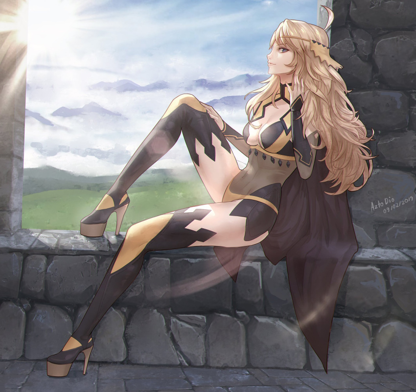 1girl artist_name azto_dio blonde_hair blue_sky breasts cape center_opening cleavage closed_mouth clouds covered_navel dated fire_emblem fire_emblem_if from_side grey_eyes high_heels highres long_hair medium_breasts nintendo ophelia_(fire_emblem_if) sitting sky solo stone_wall wall