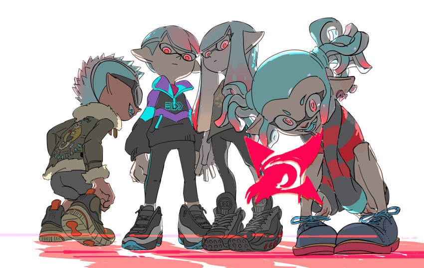 2boys 2girls bowl_cut earrings from_below highres hime_cut inkling inoue_seita jewelry multicolored_hair multiple_boys multiple_girls official_art red_eyes shoes shorts sneakers spiky_hair splatoon splatoon_(manga) splatoon_(series) splatoon_2 sunglasses twintails white_background x-blood