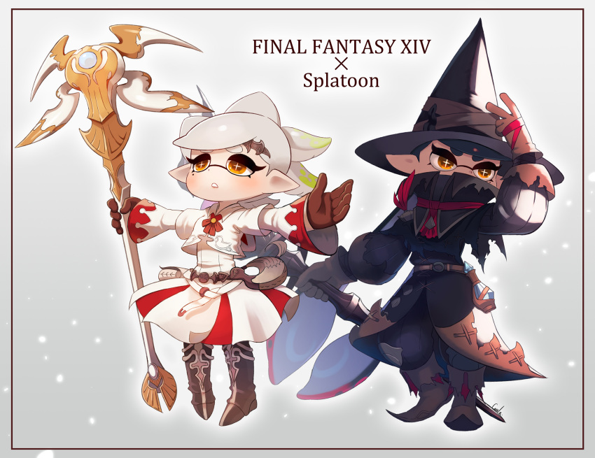 +_+ 2girls aori_(splatoon) artist_name belt black_coat black_footwear black_hair black_hat black_mage black_pants boots brown_eyes brown_gloves canteen commentary copyright_name coula_cat cousins domino_mask dress english_text final_fantasy final_fantasy_xiv frown gloves grey_hair hat headgear highres holding holding_staff hotaru_(splatoon) jacket knee_boots light_particles long_hair long_sleeves mask medium_dress mole mole_under_eye multiple_girls neck_ribbon open_mouth pants pointy_hair potion red_neckwear ribbon short_hair short_over_long_sleeves short_sleeves signature splatoon_(series) staff standing tentacle_hair utility_belt very_long_hair white_dress white_jacket white_mage wide_sleeves witch_hat