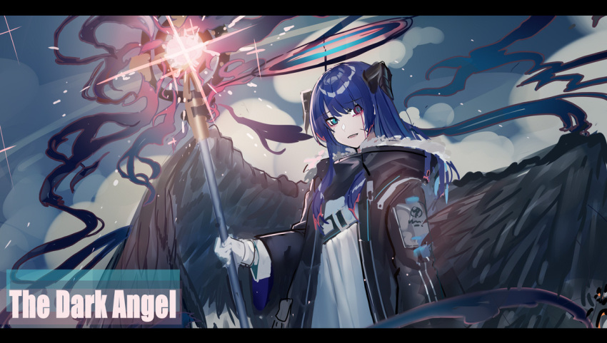 1girl arknights bangs black_jacket black_wings blue_eyes blue_hair curled_horns echj eyebrows_visible_through_hair feathered_wings gloves glowing halo heterochromia holding holding_staff horns jacket letterboxed long_hair long_sleeves looking_at_viewer mostima_(arknights) open_clothes open_jacket parted_lips red_eyes shirt sketch smile solo staff upper_body very_long_hair white_gloves white_shirt wide_sleeves wings