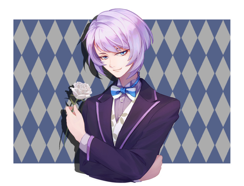 1boy andy7108 argyle argyle_background black_suit blue_eyes blue_neckwear bow bowtie crossed_arms double_decker! flower formal highres holding holding_flower kirill_vrubel long_sleeves looking_at_viewer male_focus purple_hair simple_background smile solo suit upper_body white_flower