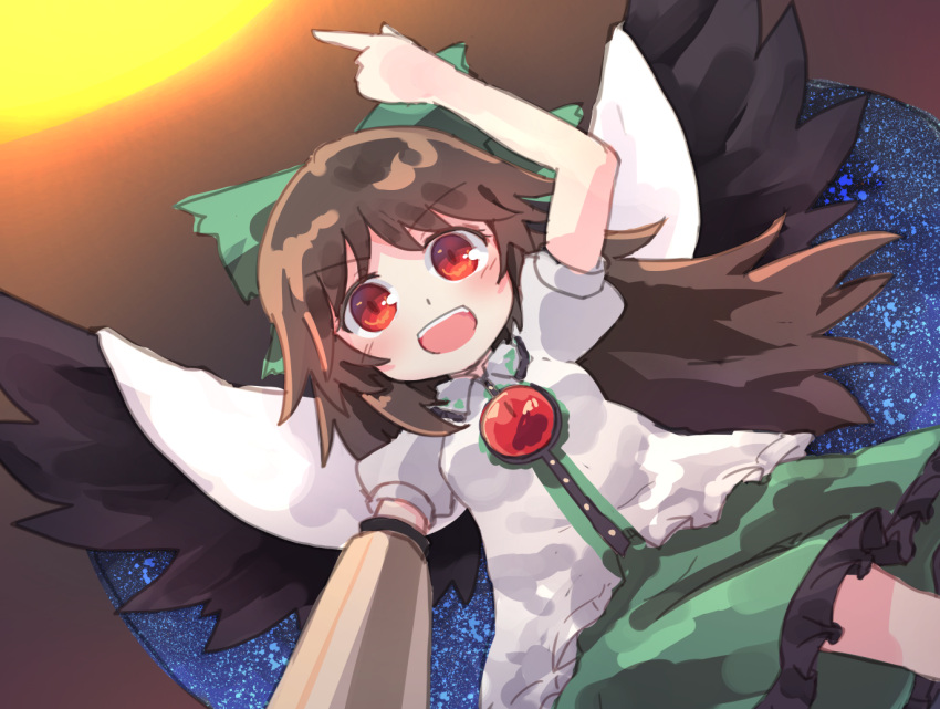 1girl arm_cannon arm_up bangs black_wings bow breasts brown_hair cape dutch_angle eyebrows_visible_through_hair feathered_wings frilled_skirt frills green_bow green_skirt hair_bow kibisake long_hair looking_at_viewer puffy_short_sleeves puffy_sleeves red_eyes reiuji_utsuho shirt short_sleeves skirt small_breasts solo space_print starry_sky_print touhou v-shaped_eyebrows very_long_hair weapon white_cape white_shirt wings