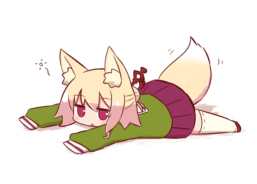 1girl :o animal_ear_fluff animal_ears bangs blonde_hair blush brown_footwear eyebrows_visible_through_hair fox_ears fox_girl fox_tail full_body green_shirt hair_between_eyes hair_bun hair_ornament kemomimi-chan_(naga_u) long_hair long_sleeves looking_at_viewer lying naga_u on_stomach original outstretched_arms parted_lips pleated_skirt purple_skirt red_eyes ribbon-trimmed_legwear ribbon_trim sailor_collar shadow shirt sidelocks skirt sleeves_past_fingers sleeves_past_wrists solo tail tail_raised thigh-highs white_background white_legwear white_sailor_collar