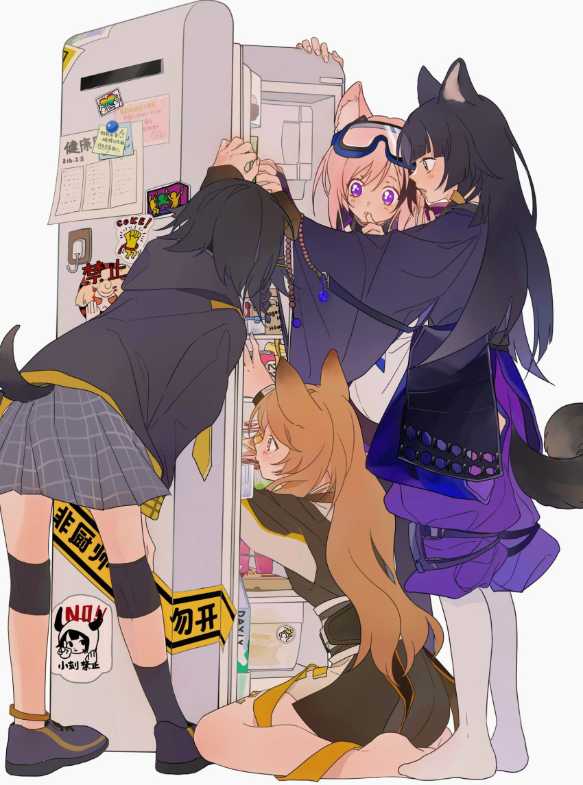 4girls animal_ears arknights bare_legs barefoot beads black_footwear black_hair black_jacket black_kimono blush braid brown_eyes brown_hair cardigan_(arknights) ceobe_(arknights) dog_ears dog_girl dog_tail eating finger_to_mouth full_body goggles goggles_on_head grey_skirt highres hood hooded_jacket jacket jackie_(arknights) japanese_clothes kimono knee_pads latutou1 leaning_forward long_hair long_sleeves miniskirt multiple_girls no_shoes oripathy_lesion_(arknights) pants pantyhose parted_lips pink_hair prayer_beads purple_pants refrigerator saga_(arknights) short_hair side_braid simple_background sitting skirt standing tail tail_through_clothes trait_connection very_long_hair violet_eyes white_background white_legwear wide_sleeves