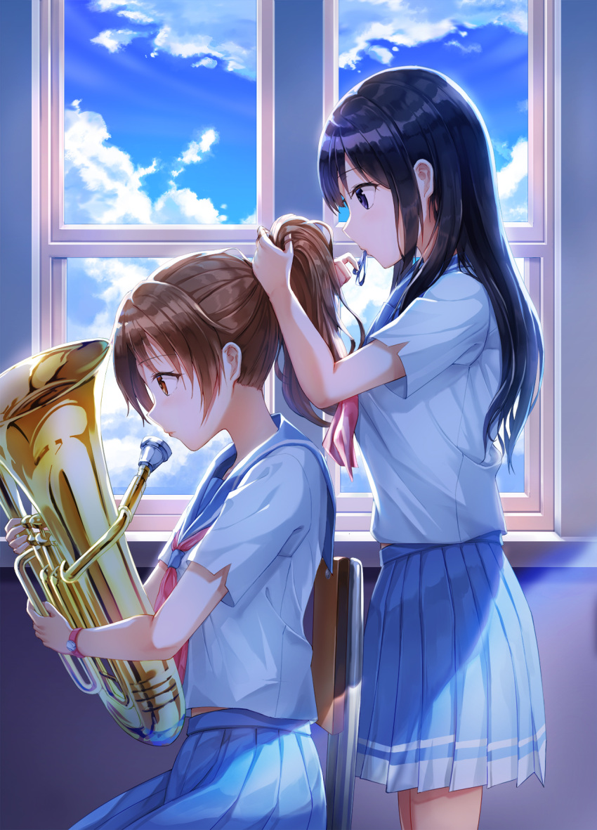 2girls adjusting_hair backlighting bangs black_hair blue_sailor_collar blue_skirt blue_sky brown_hair chair clouds cloudy_sky commentary_request day from_side hair_tie_in_mouth hibike!_euphonium highres holding holding_instrument indoors instrument kousaka_reina long_hair lunacle mouth_hold multiple_girls neckerchief oumae_kumiko pleated_skirt ponytail profile red_neckwear revision sailor_collar school_uniform serafuku shirt short_sleeves sidelocks sitting skirt sky standing tuba watch watch white_shirt window