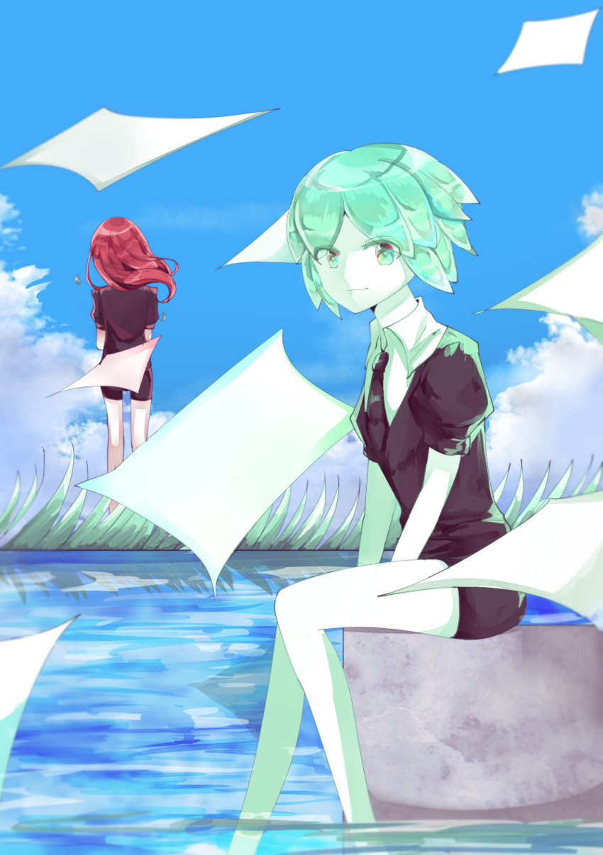 2others absurdres androgynous blue_sky clouds colored_eyelashes crystal_hair from_behind gem_uniform_(houseki_no_kuni) grass green_eyes green_hair highres houseki_no_kuni looking_at_viewer multiple_others necktie outdoors paper phosphophyllite redhead shinsha_(houseki_no_kuni) short_hair sitting sky smile water white_skin