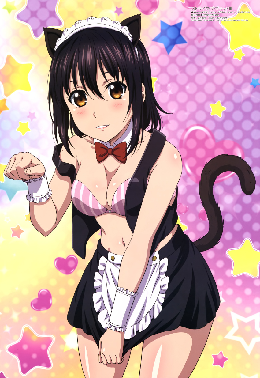1girl absurdres animal_ears apron black_hair black_jacket black_skirt blush body_blush bow bowtie bra breasts brown_eyes cat_ears cat_tail choker cleavage collar collarbone cowboy_shot cropped_jacket detached_collar frilled_apron frills furukawa_hideki hair_between_eyes heart highres himeragi_yukina jacket looking_at_viewer magazine_scan maid_headdress medium_breasts megami midriff miniskirt navel official_art open_clothes open_jacket parted_lips patterned_background paw_pose pink_lips red_neckwear scan shiny shiny_skin short_hair skirt skirt_tug sleeveless_jacket smile solo standing star starry_background stomach strapless strapless_bra strike_the_blood striped tail teeth underwear vertical-striped_bra vertical_stripes waist_apron white_apron white_collar white_frills white_wrist_cuffs wrist_cuffs