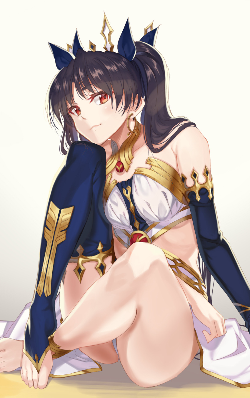 1girl anklet arm_support armlet asymmetrical_legwear asymmetrical_sleeves bare_shoulders barefoot black_hair black_ribbon blush chin_rest commentary_request crop_top earrings elbow_gloves fate/grand_order fate_(series) gloves highres hoop_earrings ishtar_(fate/grand_order) jewelry kabocha_(monkey4) legs legs_crossed light_smile long_hair long_legs neck_ring red_eyes ribbon single_elbow_glove single_thighhigh sitting thigh-highs tiara toeless_legwear toes tohsaka_rin twintails two_side_up